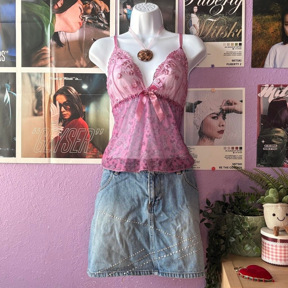 Pink Embroidered Mesh Sequin Babydoll Cami